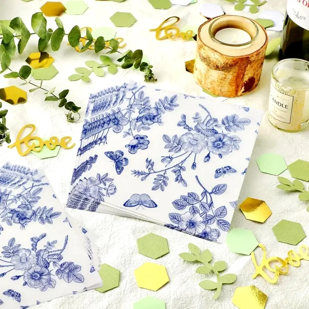 Floral Blue and White Butterfly Luncheon Napkins (1539), 20 ct